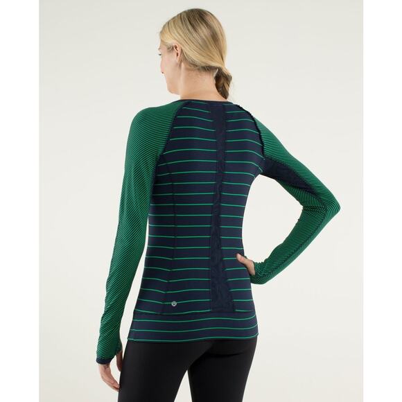 Lululemon Full Tilt Long Sleeve Shirt Womens 4/6 Slalom Stripe Green Navy - Picture 2 of 13